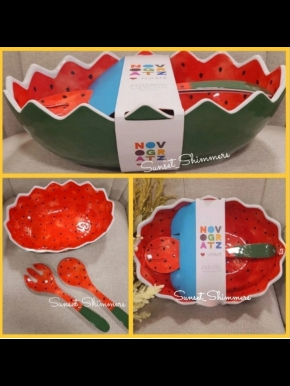 3pc Set Melamine Watermelon Fruit Salad Bowl & Serving Spoons Picnic Beach BBQ